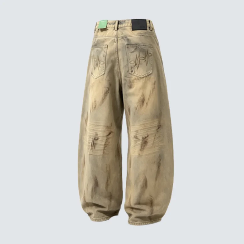 MWJLPWQ American-Style Distressed Jeans Unisex Street Style Mud-Dye Curved Cut Pleated Design Denim Wide-Leg Trousers 21190