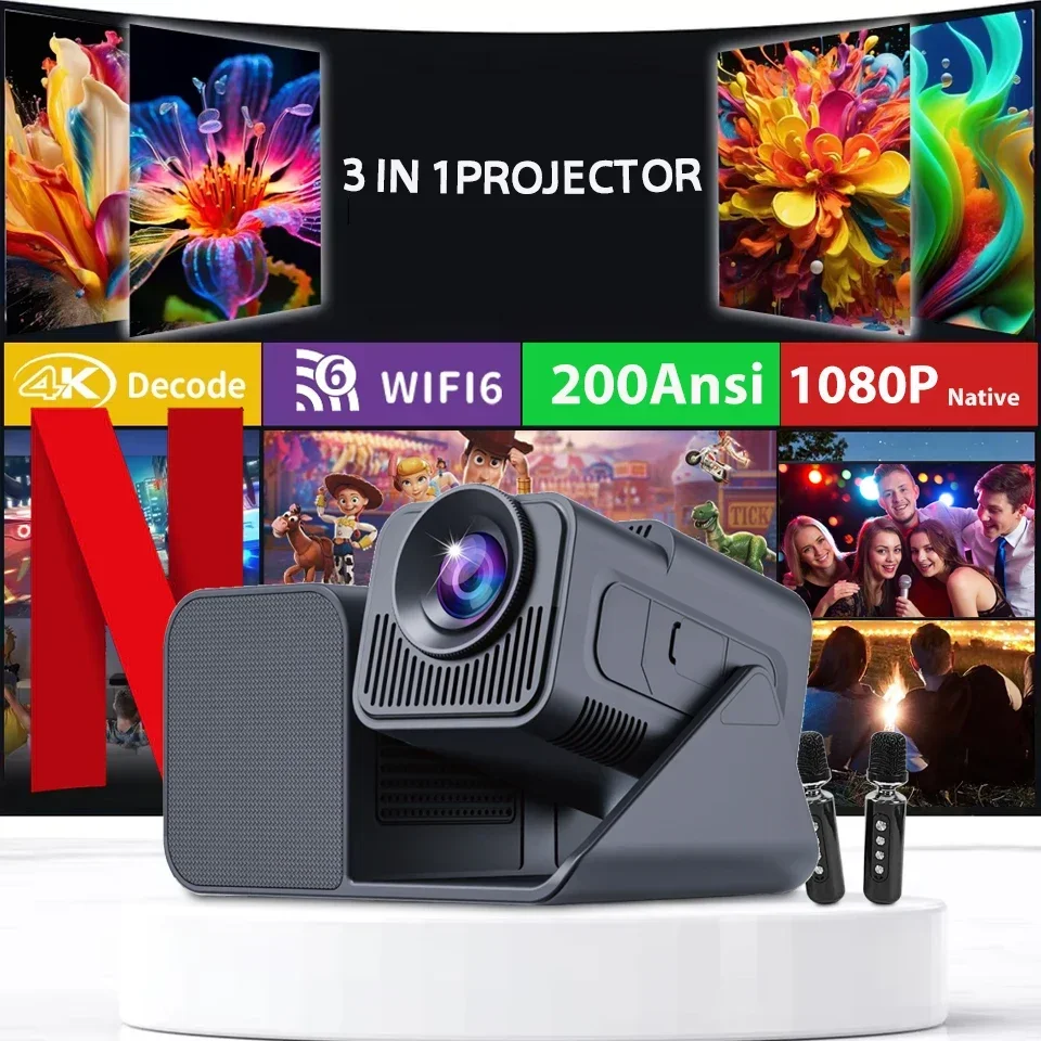 

Newly Native 1080P Android 11 4K Projector 200ANSI Wifi6 BT5.0 Karaok Sound For Cinema Outdoor Portable 180° Rotable Projector