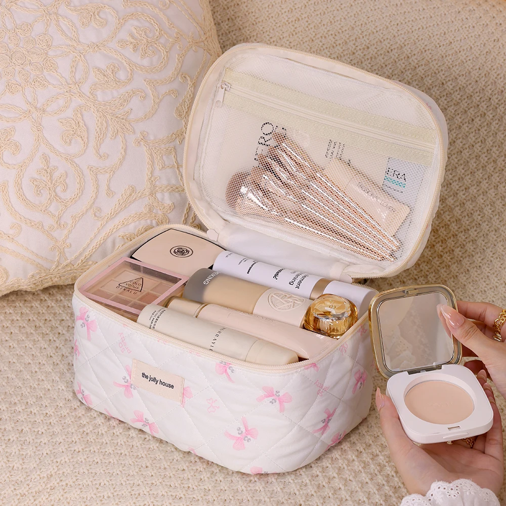 Neceser de viaje de gran capacidad con estampado de lazo para mujer, estuche de maquillaje, bonito organizador de artículos de tocador multifuncional, bolsa de almacenamiento
