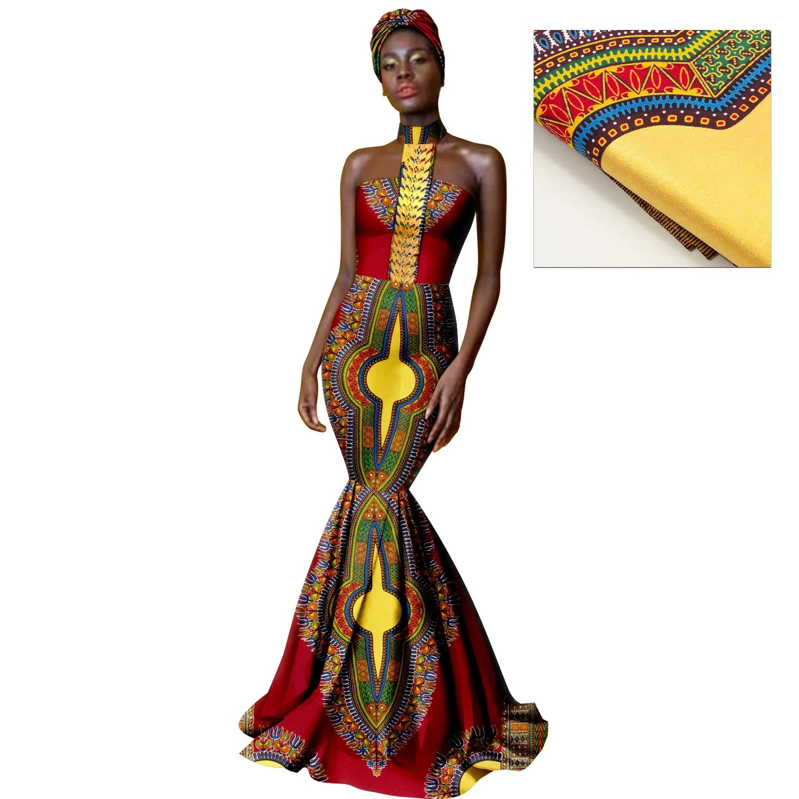 

New sexy and elegant sexy fitted printed evening dress, with a headscarf, suitable for wedding wear