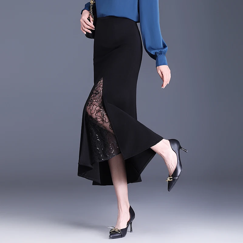 ZUZK Women All-match Black Long Mermaid Skirt Spring Summer High Waist Lace Patchwork Ruffles Mermaid Black Skirt Slim Female