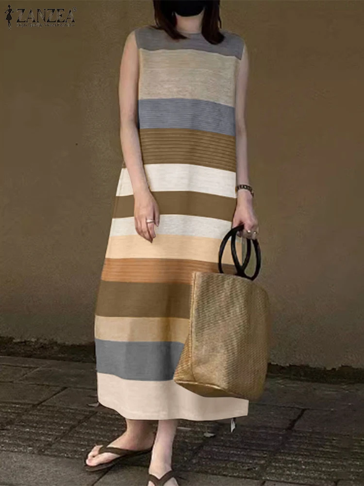 ZANZEA Stijlvolle Vrouwen Mouwloze Lange Jurk 2025, Zomerjurk Kleurblokken Streep Gewaad Casual O Hals Tank Vestido Losse Zonnejurk
