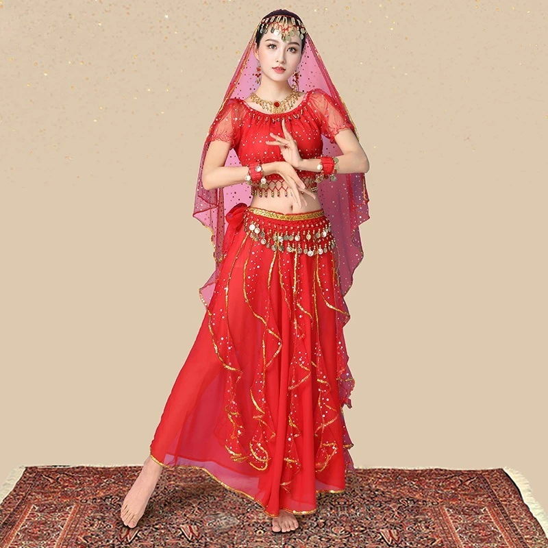 Traje de dança indiana personalizado, traje étnico adulto feminino, roupas de dança do ventre, traje de performance, manga curta, saia longa, conjunto