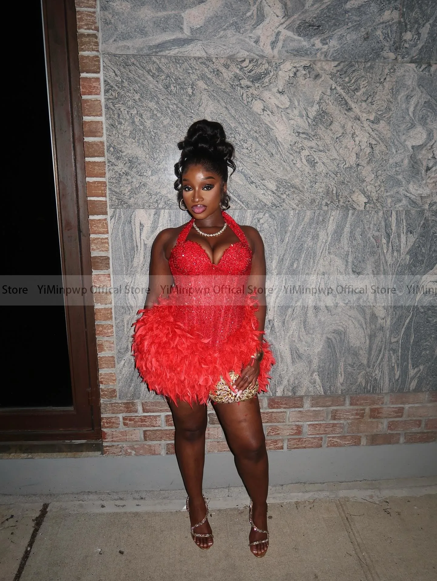 Luxury Red Short Party Dresses for Black Girls Halter Corset Beads Feathers Mini Night Dating Birthday Dinner Dress Customized view 3