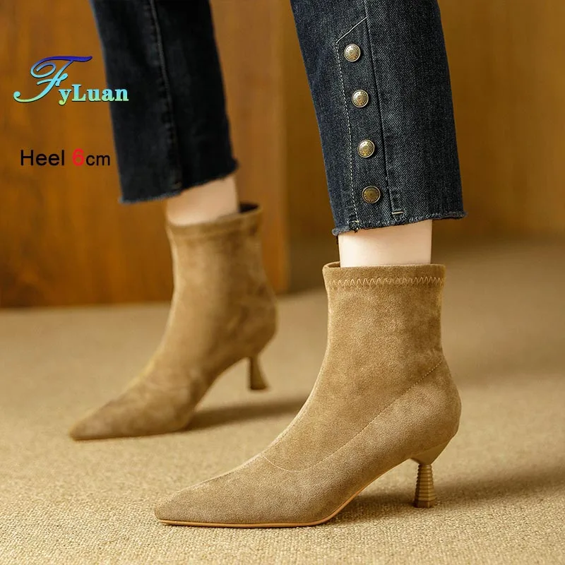 

High Heels Short Boots Women Stiletto Fashion Pointed Toe Ankle Boots Autumn Winter Lady Shoes Short Boots Suede Mid-calf Boots