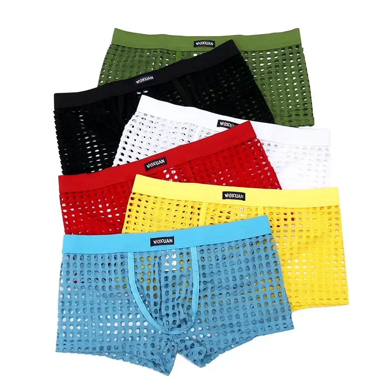 Nova roupa interior masculina respirável malha boxers cintura baixa oco para fora calcinha sexy