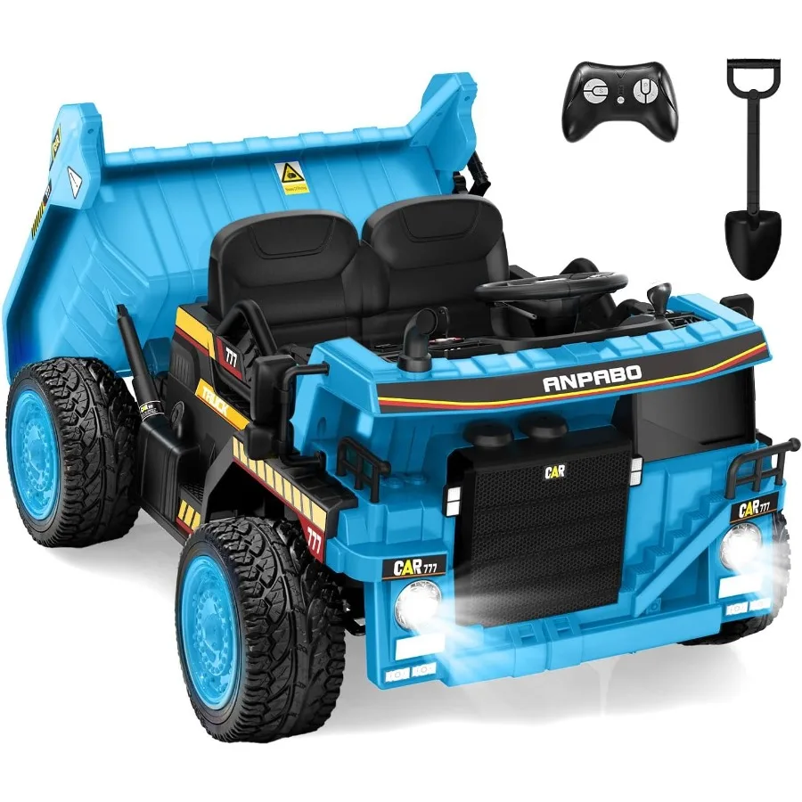 Camión volquete de 24 V, motores potentes de 2 x 75 W, hasta 4,4 mph, neumáticos EVA, vehículo de construcción con cama volquete eléctrica y pala adicional