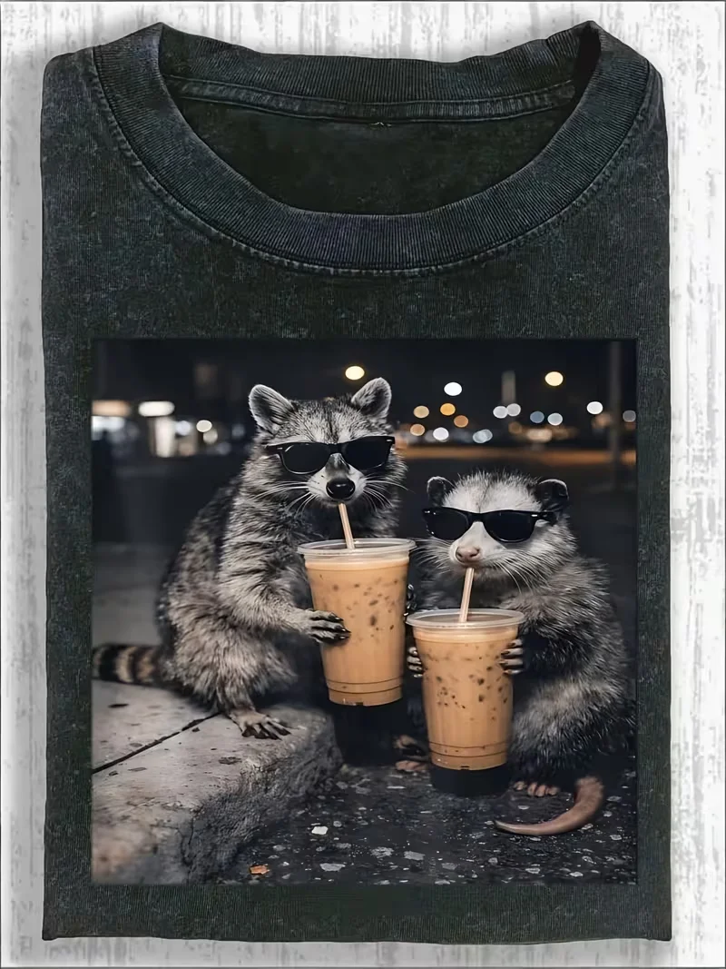 Funny Raccoon Animal Graphic T-Shirt, Retro Washed Tee For Men Women Travel Daily Vacation Trendy Modern Urban Daily Fashion