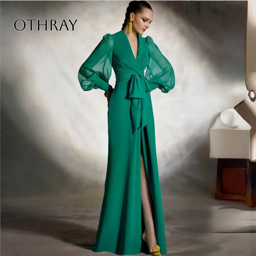 

Othray Mermaid Evening Gown Elegant Dress Brush Train Long Sleeve V Neck Fall Wedding Guest Chiffon with Slit Strappy