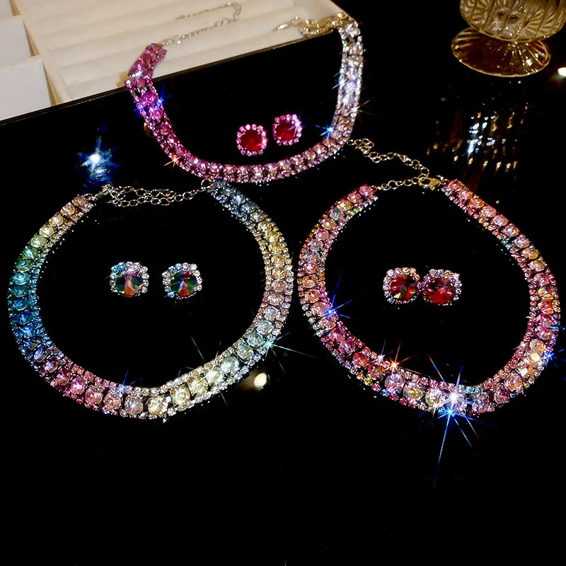 Luxury Crystal Necklace Earrings Set Pink Purple colourful Necklace for Women Weddings Party Jewelry Sets Accessories