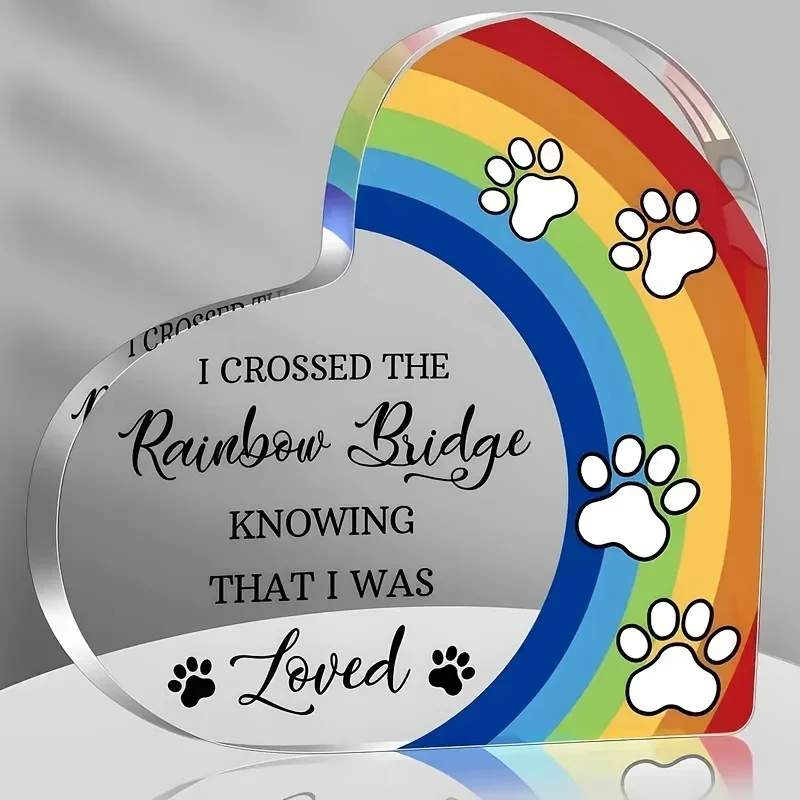 Heart Acrylic Pet Memorial Plaque Rainbow Bridge Paw Print Desktop Decor, Condolence Gift for Dogs and Cats