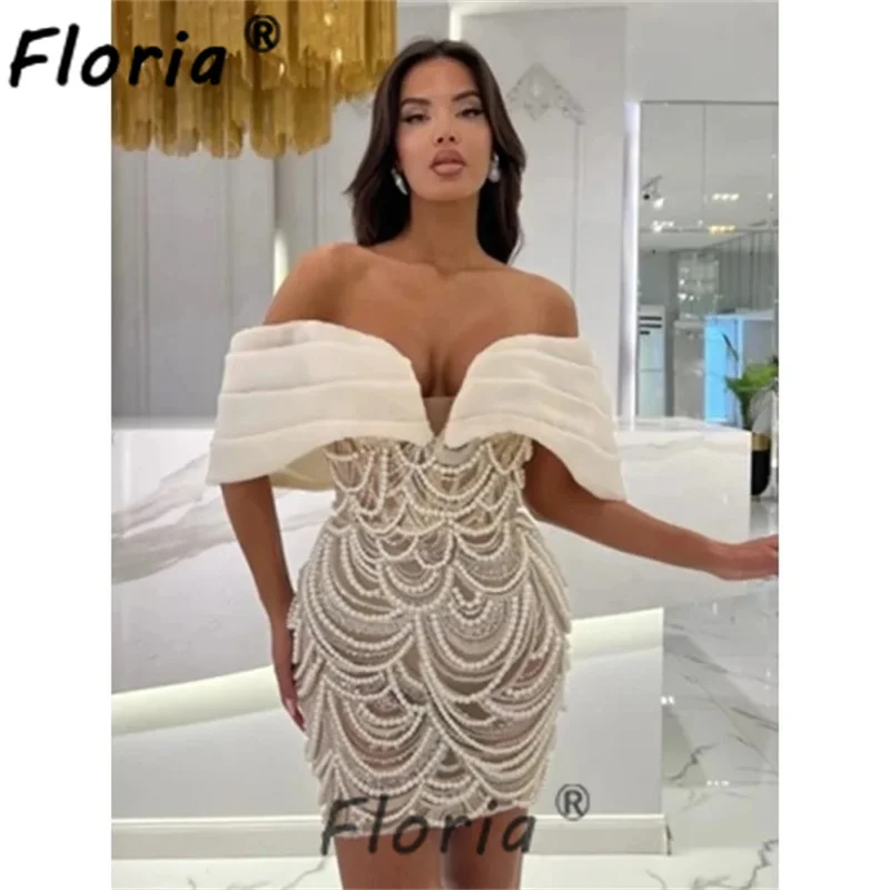 

Sexy Fully Tassel Pearls Short Cocktail Dresses Ivory Off the Shoulder Customized Mini Special Party Dress vestidos de coquetel