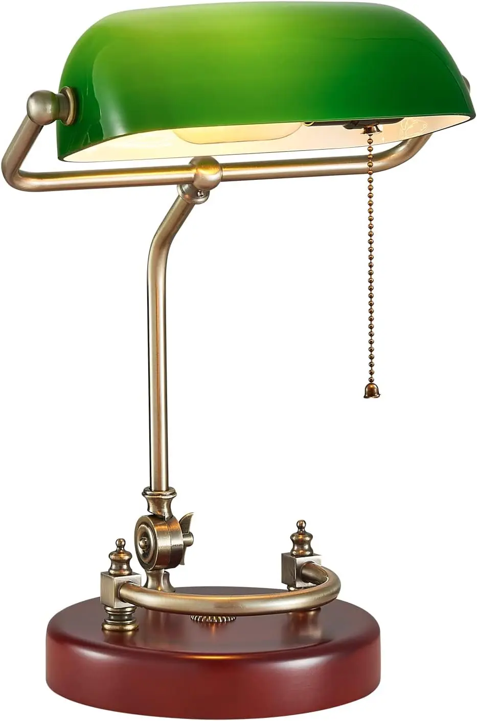 

Traditional Green Desk Lamp with Solid Birch Wood Base, Vintage Bankers Lamp with Pull Chain Switch for Office Study Room