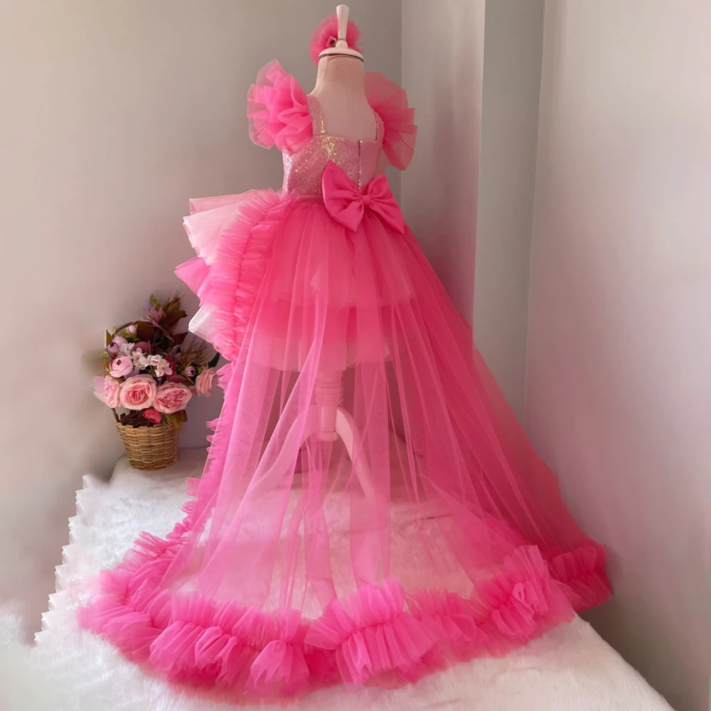 Baby Girl Dress Pageant Trailing 1 Year Birthday Dress For Rose Sequin Princess Dress Baptism Girls Dress Fluffy Party Clothing