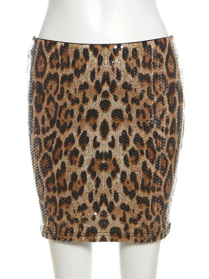 Gonne corte a vita bassa da donna alla moda Gonna sexy con paillettes stampate leopardate Confezione femminile Abito a tubino per feste Night Club Outfit