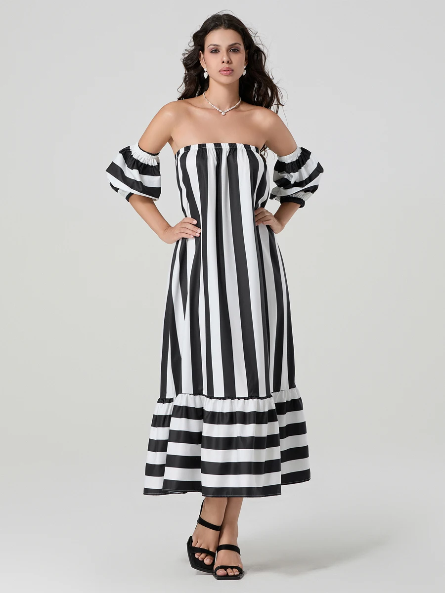 New Fashion Women Summer Long Striped Dress Short Sleeve Off Shoulder Strapless Tube Top Dress