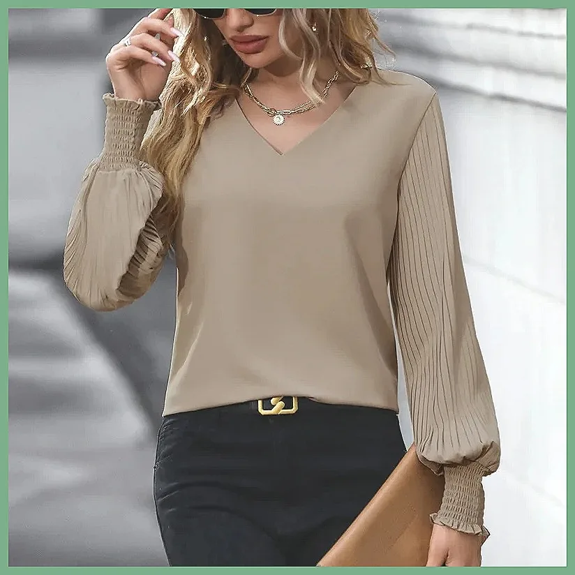 

Pure Color V-Neck Lantern Sleeve Blouse for Women, Long Sleeve Elegant Shirt for Spring Autumn