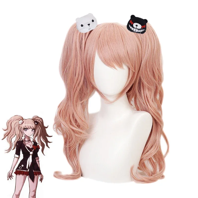 Dangan Ronpa Enoshima Junko Cosplay Wig Long Pink Wigs with Ponytails Heat Resistant Synthetic Hair Halloween Costume Hair Clips