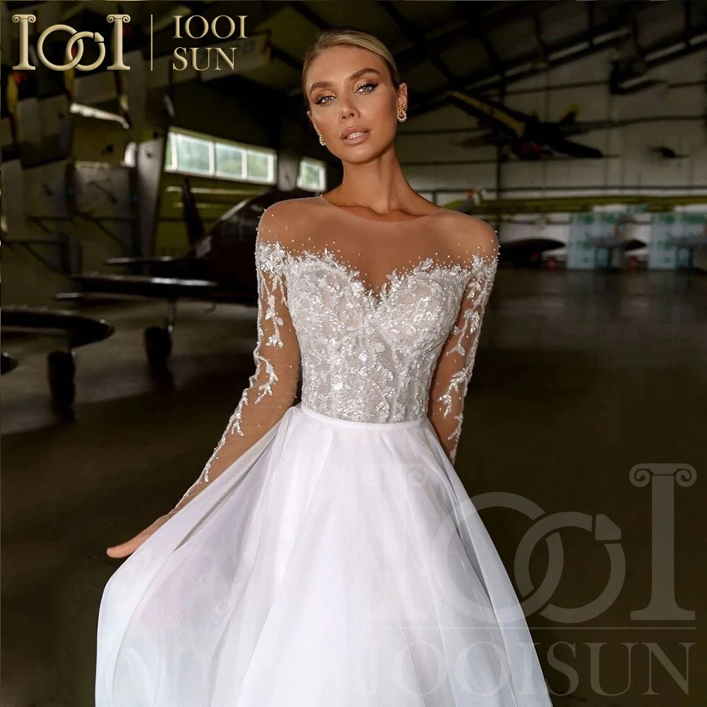 Iooisun vestidos de casamento de manga longa com frisado boho vestido de noiva brilhante linha a vestido de festa vestidos de novia personalizado