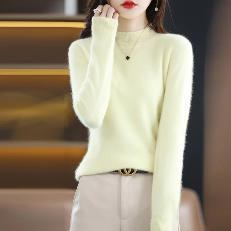 Autumn and Winter New 100% Mink Cashmere Women\'s Sweater Half High Collar Pullover Casual Knitting Korean Loose Fashion Top