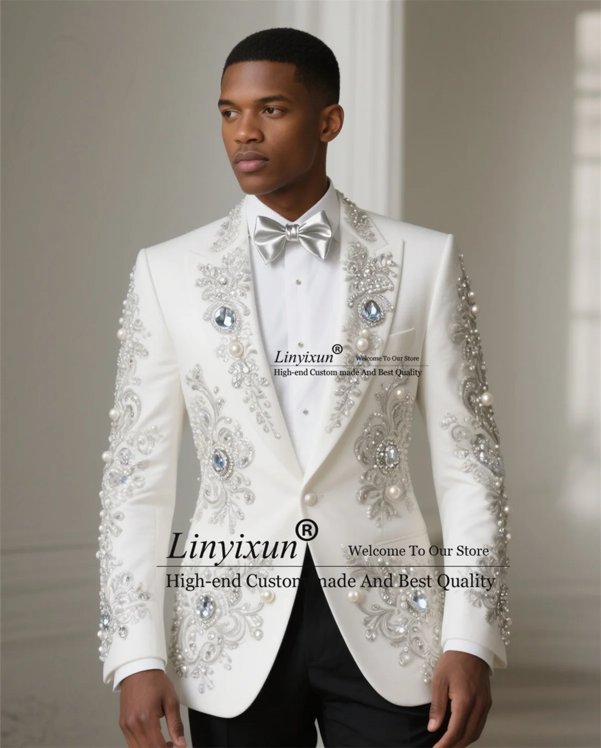 Sparkly Diamond Ornament Men Suit 2 Pieces Sets Groom Male Blazers Slim Fit Business Costume Homme Customized Wedding Tuxedos