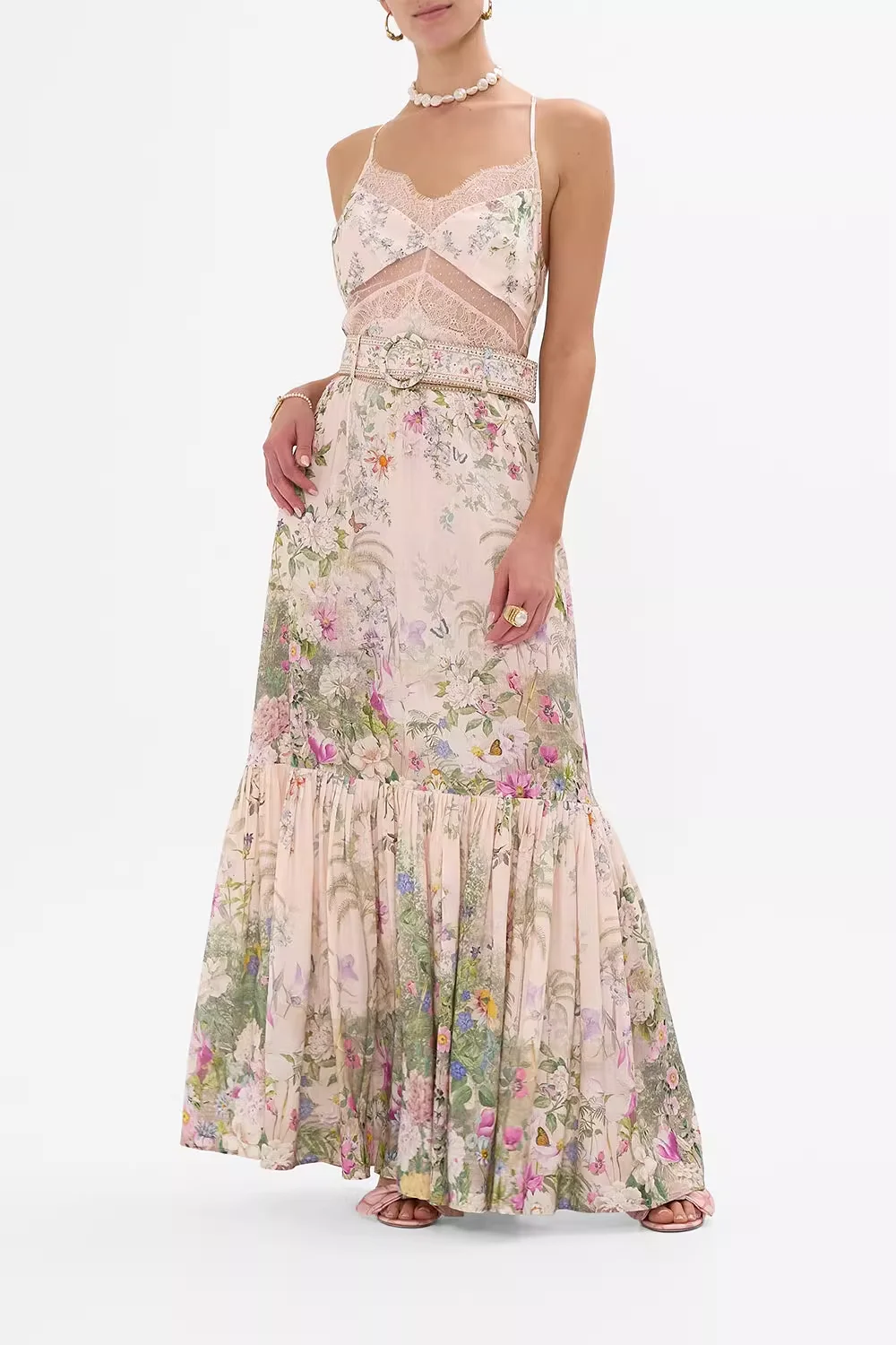 

2025 New Women Pink Flower Print Set Crystal Beaded Single Breasted Long Sleeve Blouse + High Waist Pleated Maxi Skirt Silk Suit