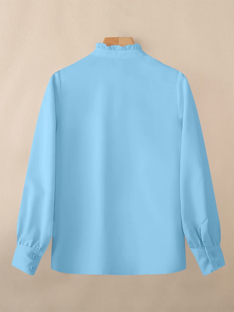 VONDA エレガントな女性用オフィスレディシャツ 2025年秋 長袖トップス ボタン付き スタンドカラー 無地 韓国風ブラウス カジュアル パーティーブラウス