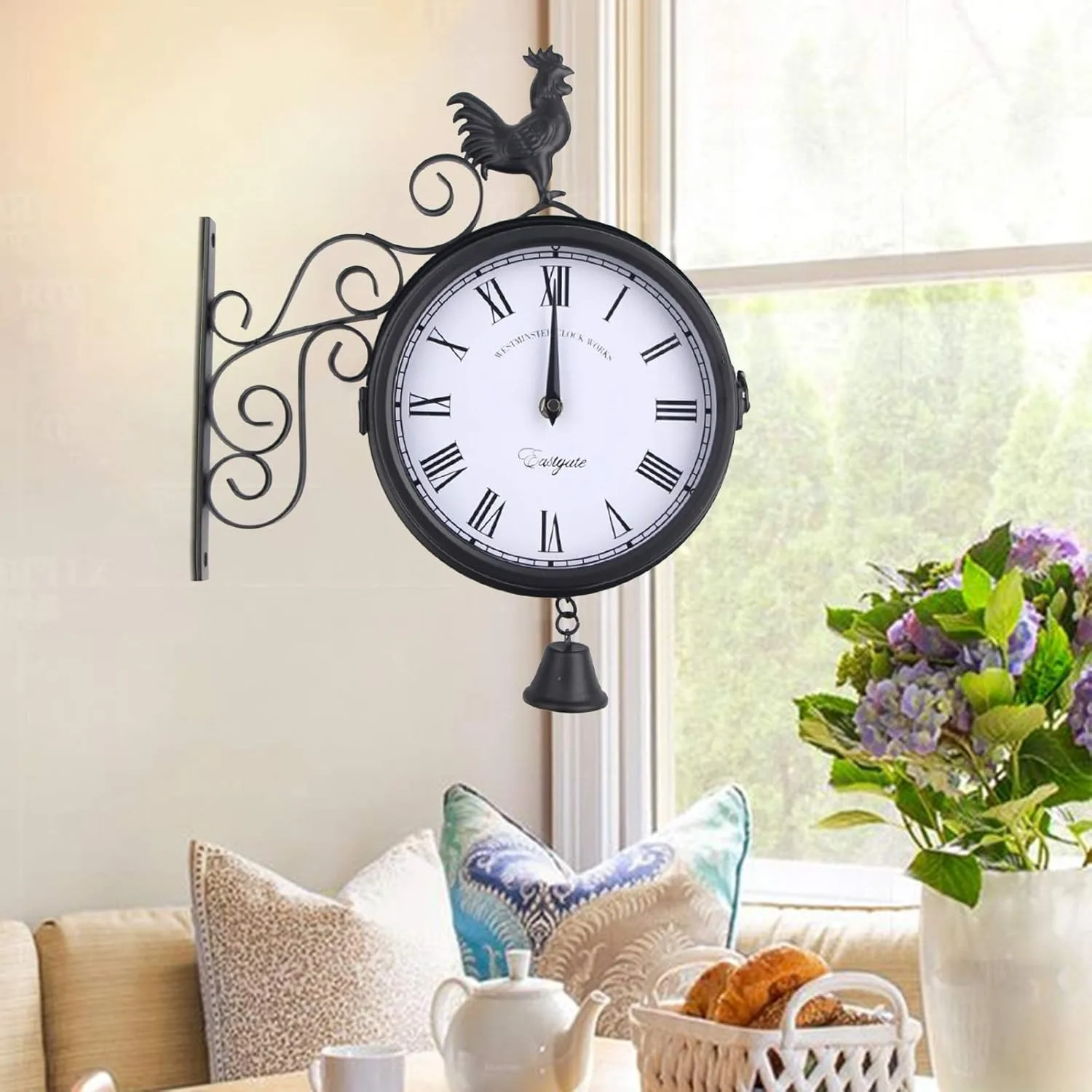 Station Clock Double-Sided Retro Outdoor Garden Wall Clock Station Clock Kitchen Clock Weatherproof Round 30 X 9 X 37 Cm Black