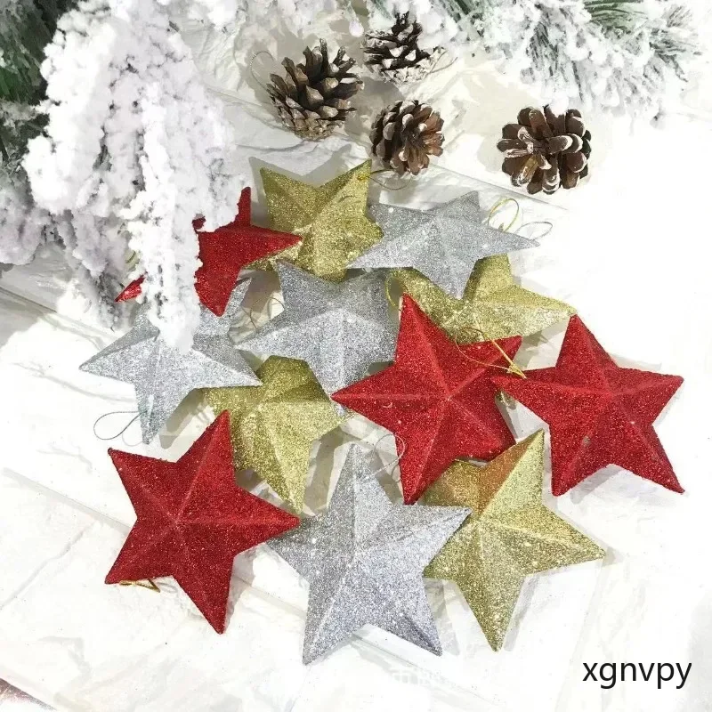 xgnvpy 6pcs Gold Glitter Star Ornaments Christmas Tree Hanging Pendant 2024 Home Decor New Year Party DIY Craft Gift