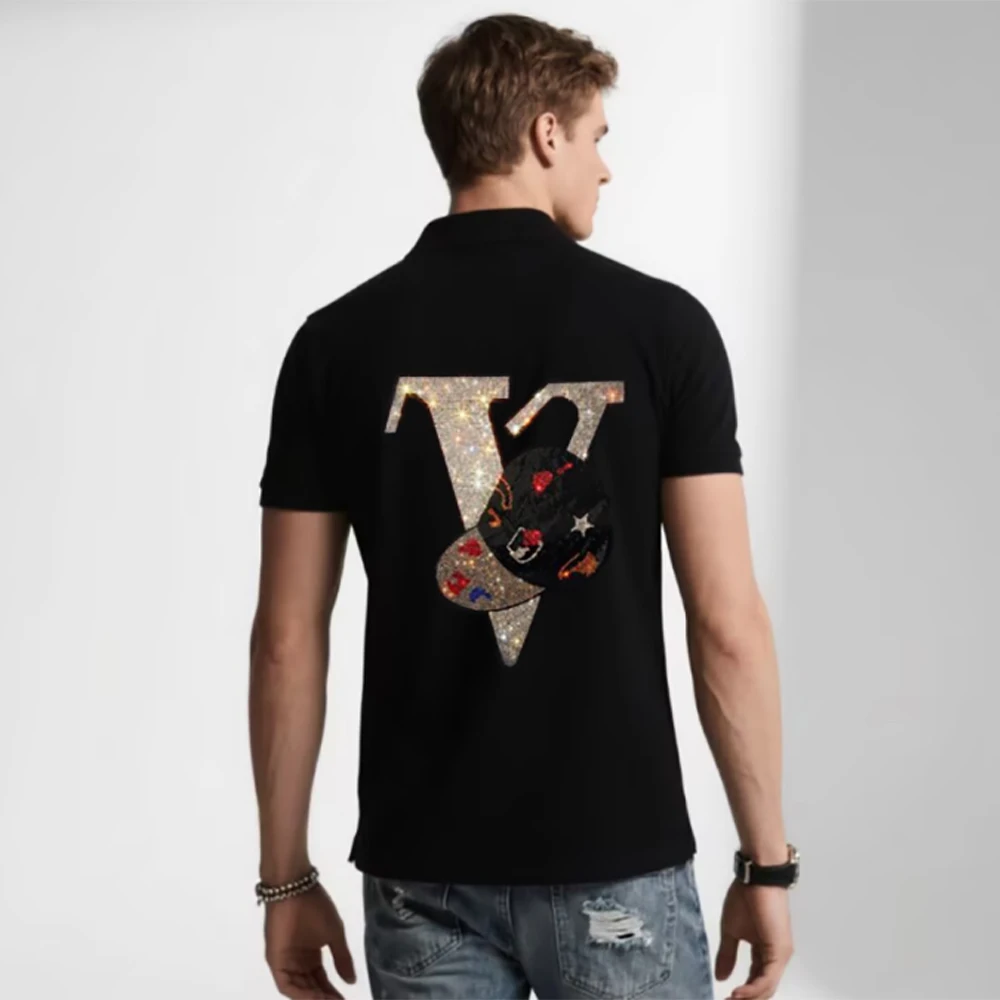 Designer Men Polo Shirt Cartoon Bear Rhinestones Trend Male Lapel Half Sleeve Tees Luxury Brand Heavy Craftsmanship Man Clothing