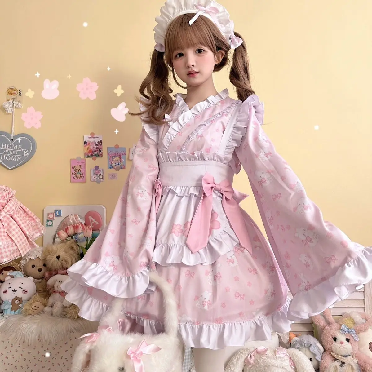 

Coalfell Original Set Kawaii Sweet Cute Rabbit Japanese Style Lolita Maid Dress Long Flare Sleeve Lolita Dresses Set Women