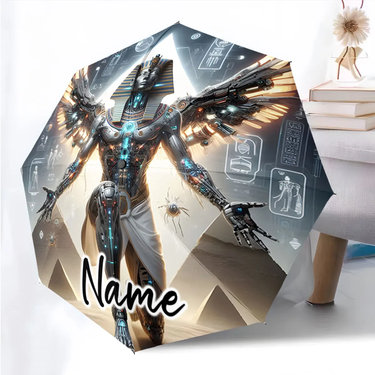 Custom Name Umbrella Futuristic Egyptian Robot Design Umbrella Print 8 Iron Ribs Folding Umbrella Auto-Open Fashion Sunshade