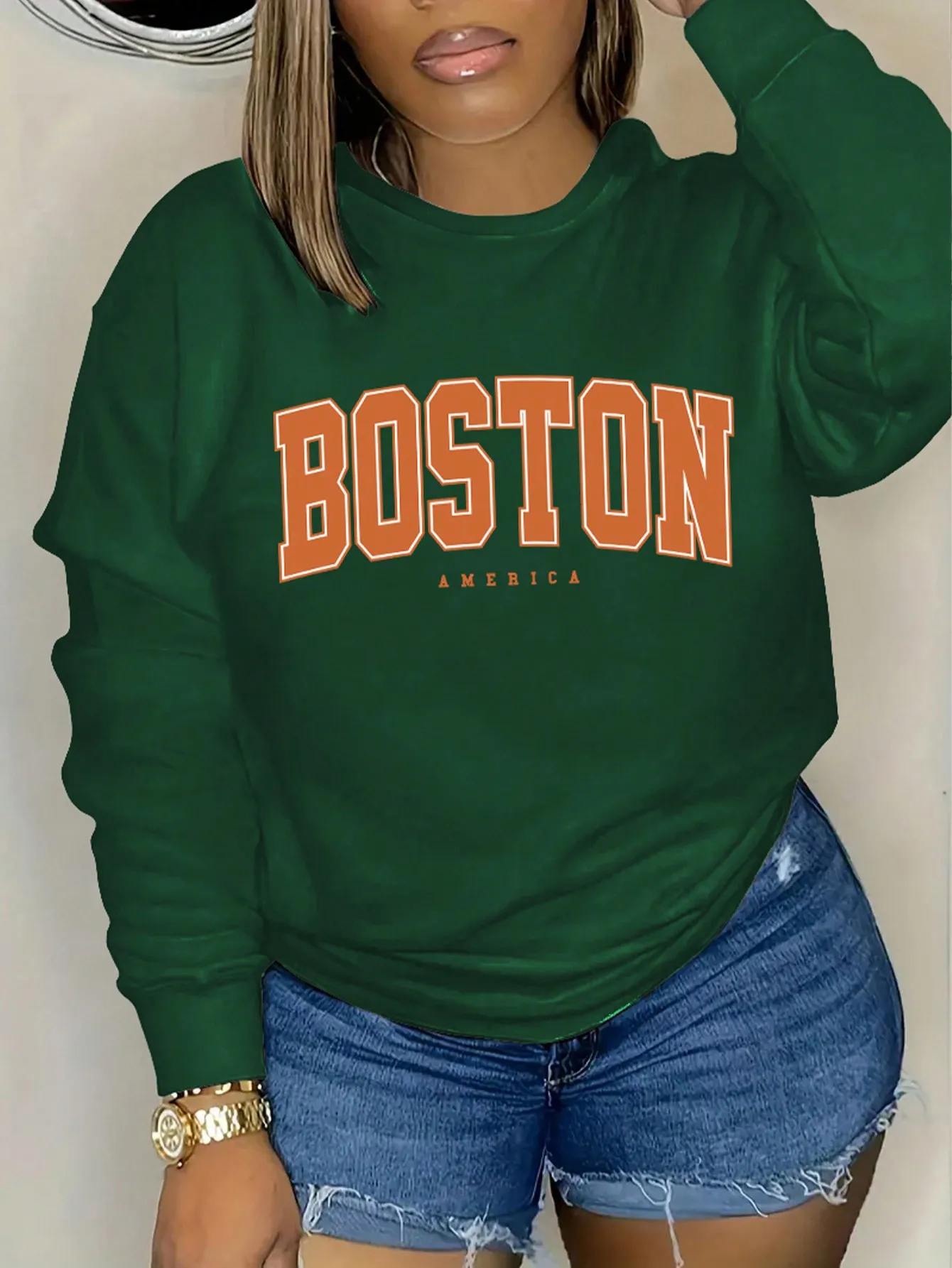 

Green Boston Letter Print Fleece Sweatshirt for Women, Casual Fall Winter Pullover, Plus Size
