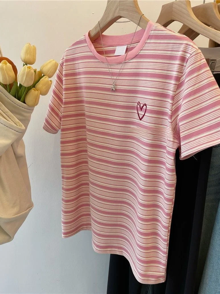 plus Size 300 Pounds American Retro Striped Short Sleeve T-Shirt Women Loose Slimming Pure Cotton Versatile Design Trendy Top