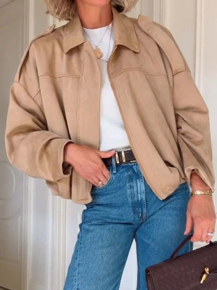 Cappotto autunno inverno in pelle scamosciata con maniche a pipistrello Giacca da donna con cerniera con risvolto Design tinta unita Capispalla ampio a maniche lunghe per le vacanze retrò