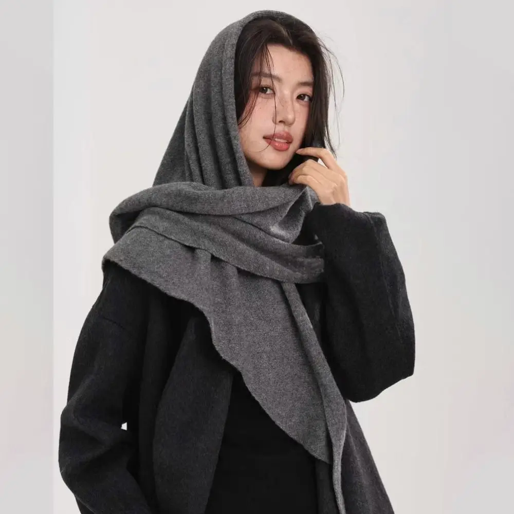 Elegant Solid Color Triangle Shawl Wool Striped Knitted Scarf Warm Windproof Large Wraps Women