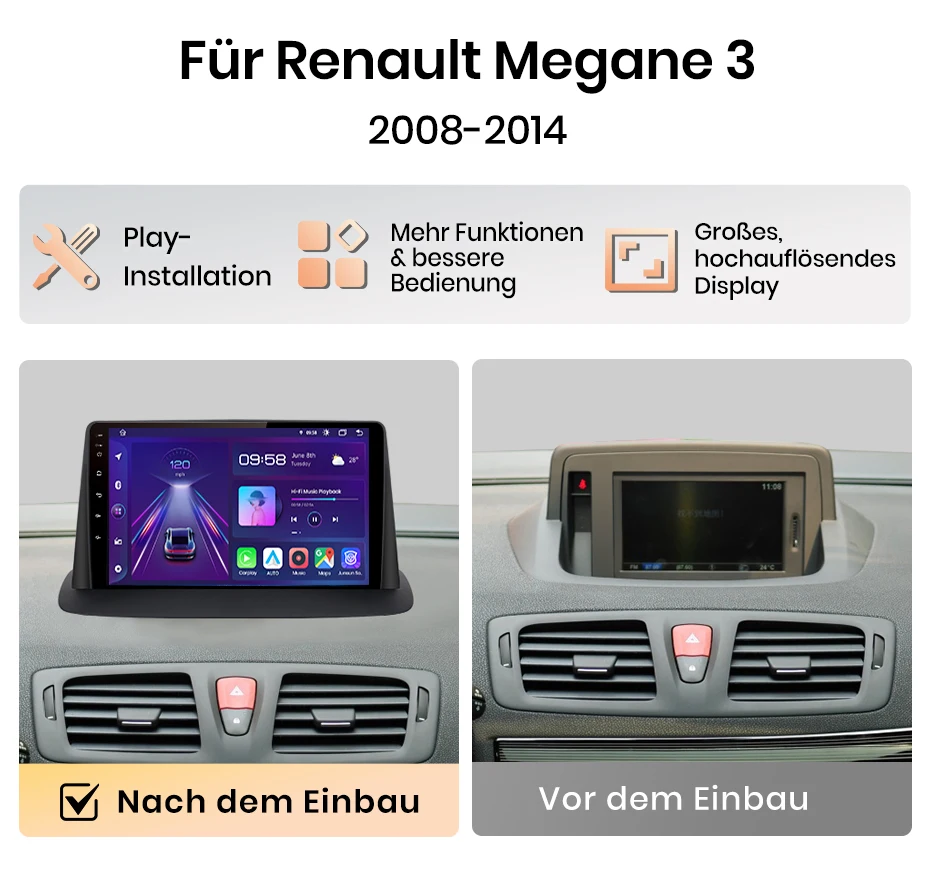 Junsun 9-Zoll Android 15 Autoradio für Renault Megane 3 Fluence Samsung SM3 2008-2014, kabelloses Apple CarPlay, Auto-IPS-Bildschirm, Stereo-Multimedia-Videoplayer, intelligente Fahrzeugsysteme, 2-DIN-Autoradio-Hauptei – Detail 4