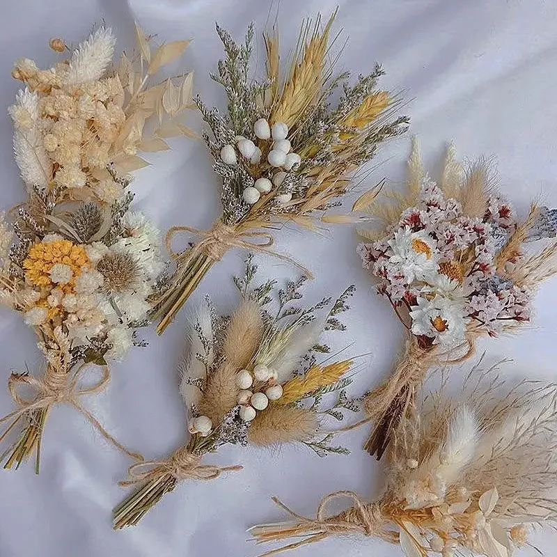 Mini Dried Flower Bouquet Boho Boutonniere for Men Dry Pampas Grass Wedding Table Centerpieces Birthday Cake Flowers Decor