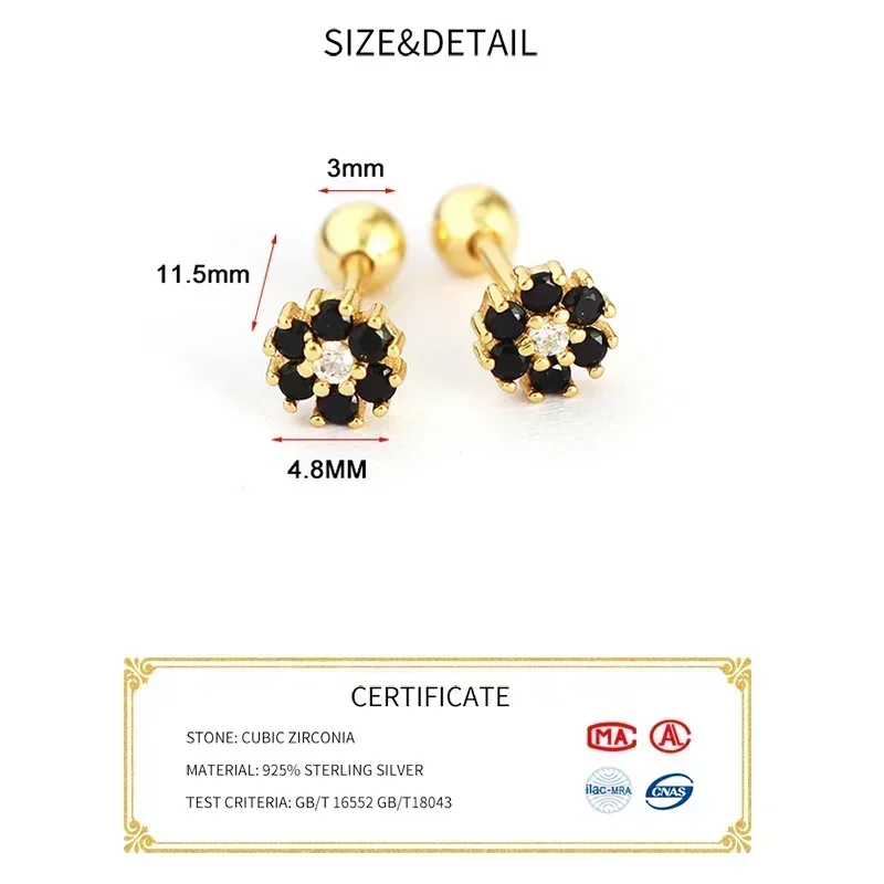 INZATT Real 925 Sterling Silver Colorful Zircon Bead Screw Stud Earrings for Women Classic Fine Jewelry Minimalist Bijoux