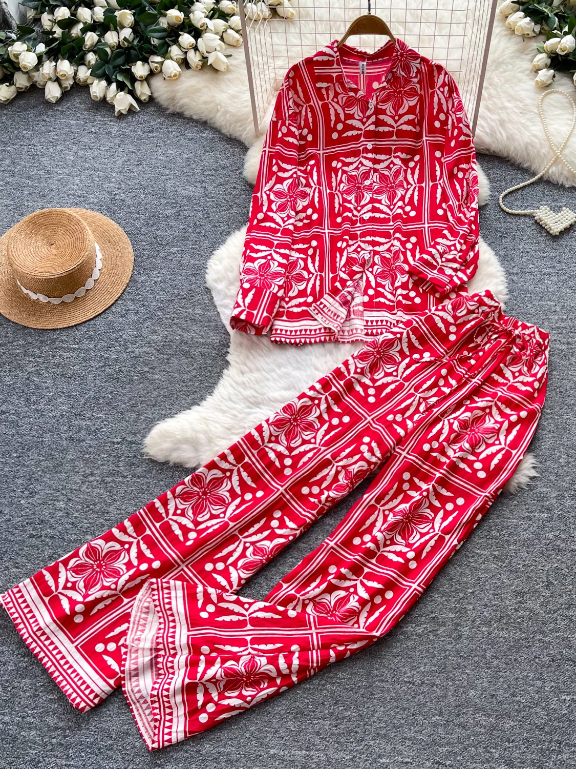 Women's Commute Style Long Sleeve Printed Shirt And Wide Leg Pants Two Piece Set Floral Pattern Slim Fit Cardigan for Autumn