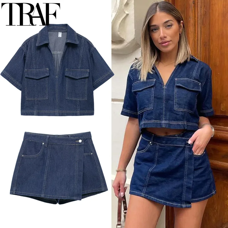 TRAF 2024 Mini Skirt 2 Piece Set Asymmetric Short Skirt Pants Cropped Blouse Denim Set Summer Casual Women's Two Pieces Set