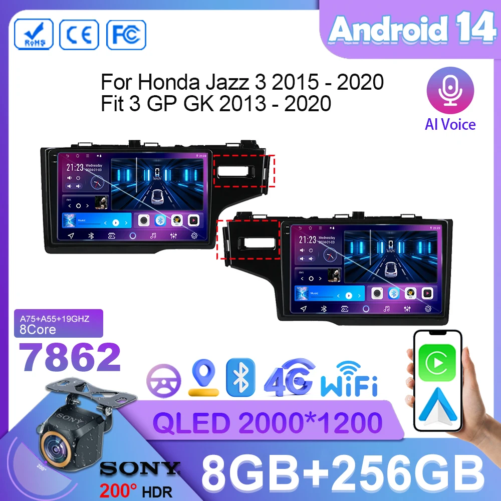 

7862 Android 14 For Honda Jazz 3 2015 - 2020 Fit 3 GP GK 2013 - 2020 Auto Radio Stereo Multimedia Player GPS Navigation No 2din