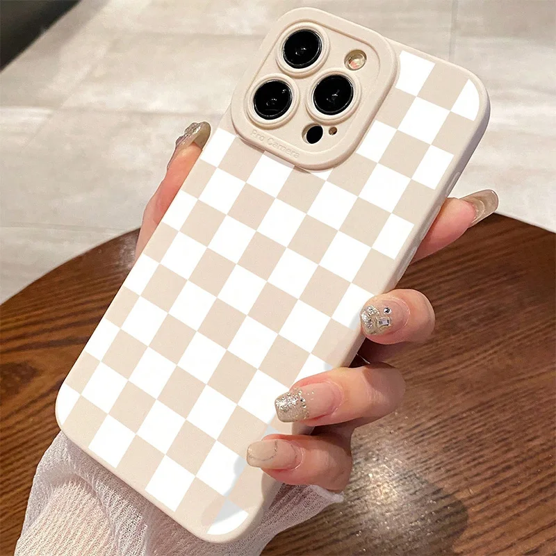 Matte Milky White Checkerboard Pattern Phone Case For Samsung Galaxy S26 S25 Ultra S24 Plus S23 FE S22 A16 A36 A56 A55 A54 Cover