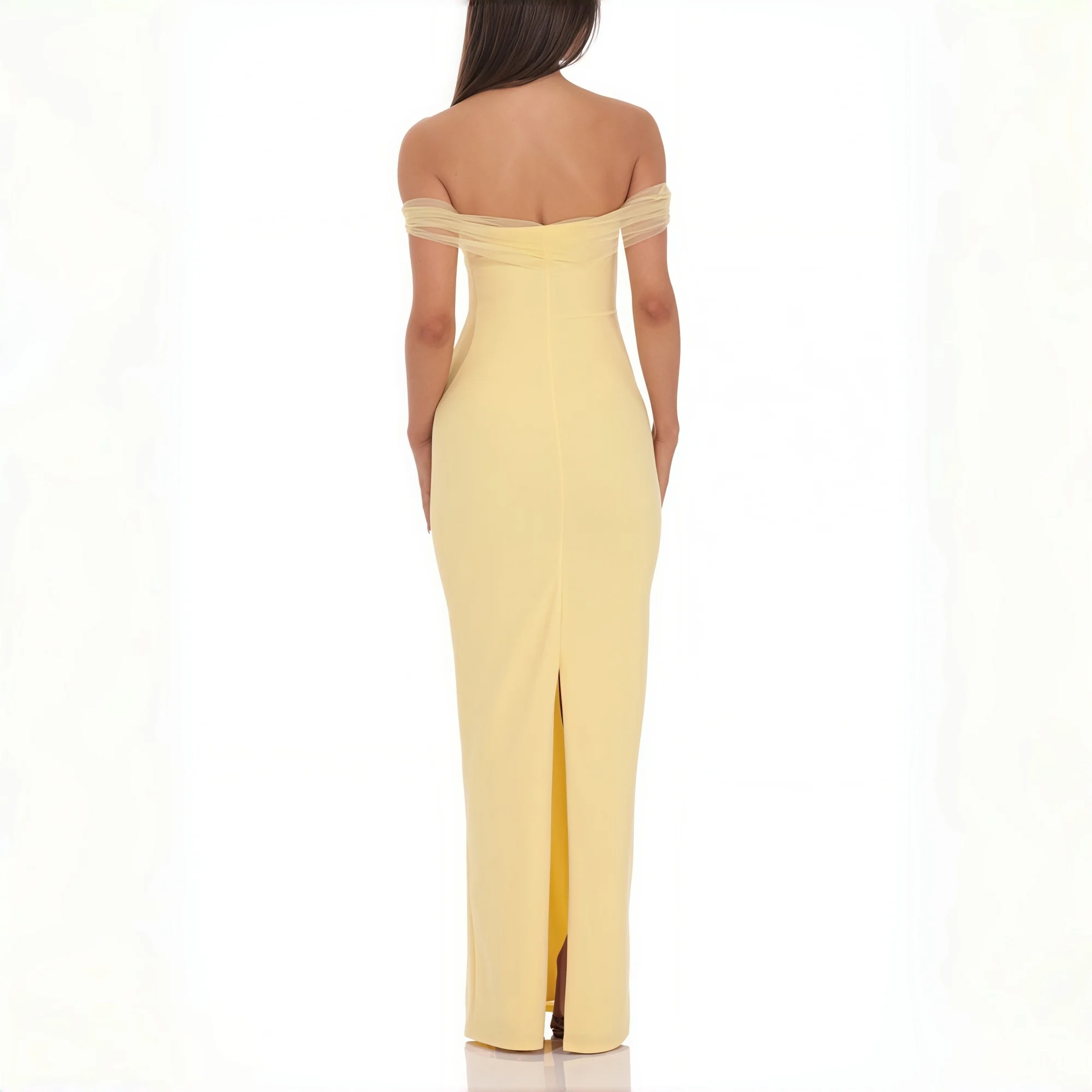 Yellow Off Shoulder Maxi Dress Sheer Tulle Straps Bodycon Silhouette Formal Evening Cocktail Bridesmaid Wedding Guest Gown