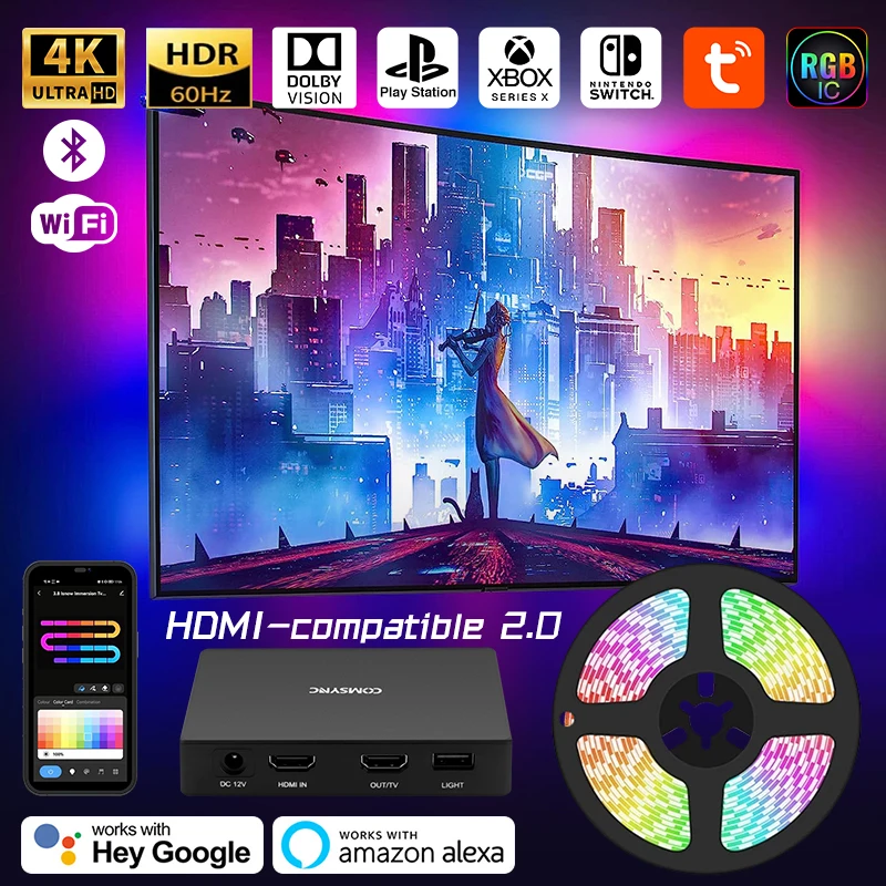 LED Smart Ambient TV Backlight Wifi Alexa Google Assistant Control 4K HDMI-Compatible 2.0 Device Screen Color SyncStrip Lights