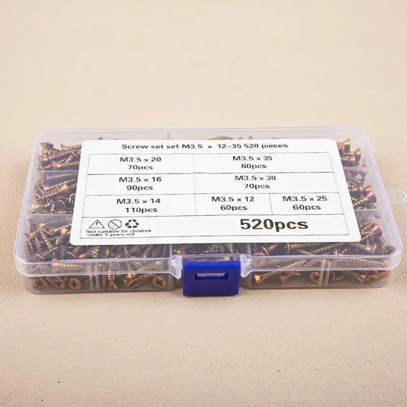 520 قطعة M3.5 غاطسة رئيس الذاتي التنصت مسامير عدة اللون المجلفن المسمار مجموعة للنجارة ديكور المنزل الصناعي