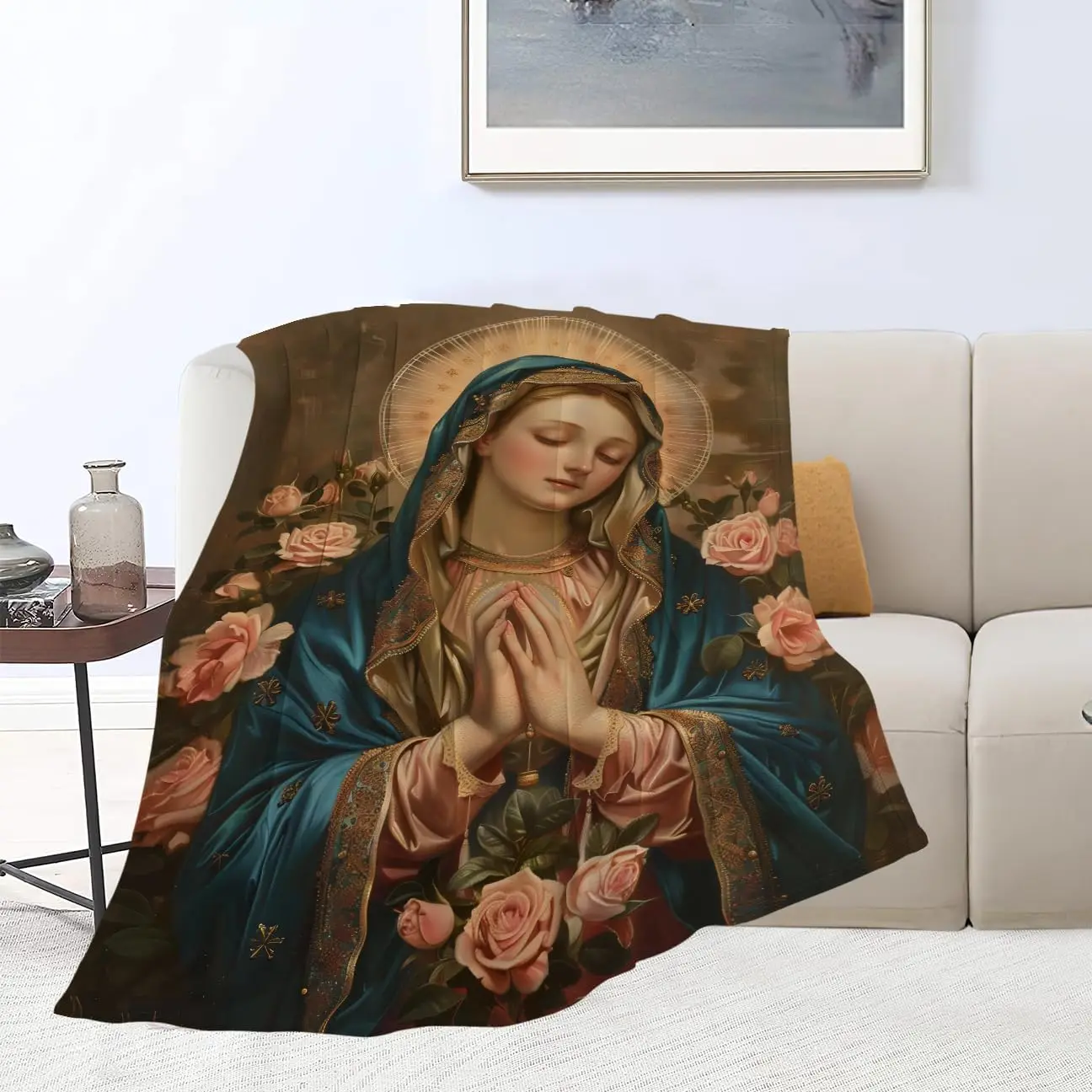Vintage Religious Art Throw Blanket Cottagecore Decor Sofa Cushion for Christian Home Sacred Decoration Mary Roses