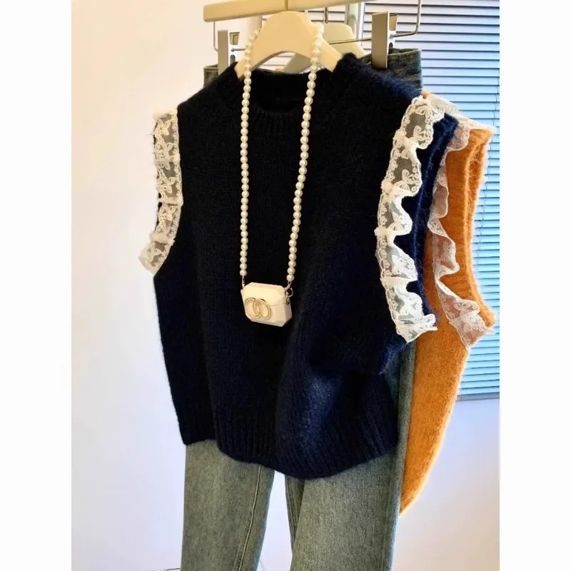Women Sweater Vest Retro Patchwork Lace Knitted Solid Loose Sleeveless Vest High-quality Korean Soft Keep Warm Sweater Pullover