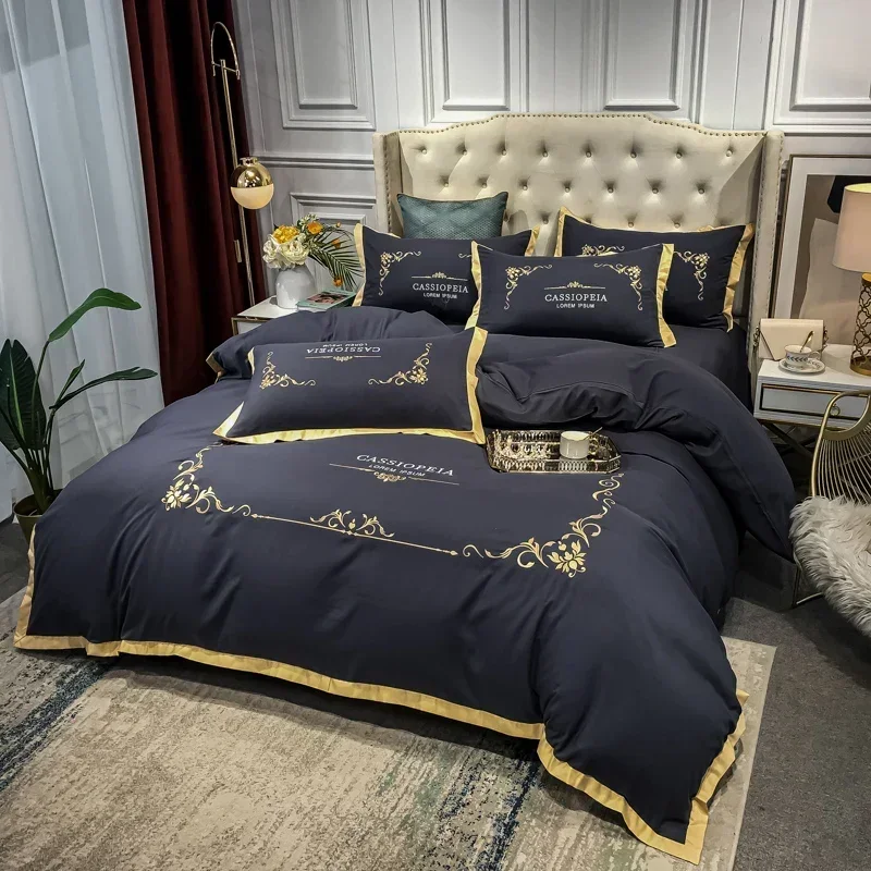 Luxury Microfiber fabric wide edge Bedding Set gold Embroidery Duvet Cover Bed Sheet Pillowcases Queen Size 4Pcs