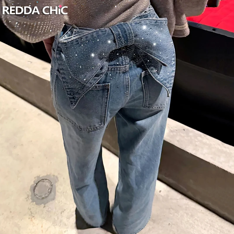 

ReddaChic Women Rhinestone Jeans & Removable Bow Retro Trendy Pocket High Waist Do Old Straight Wide Leg Pants Y2k Clothes